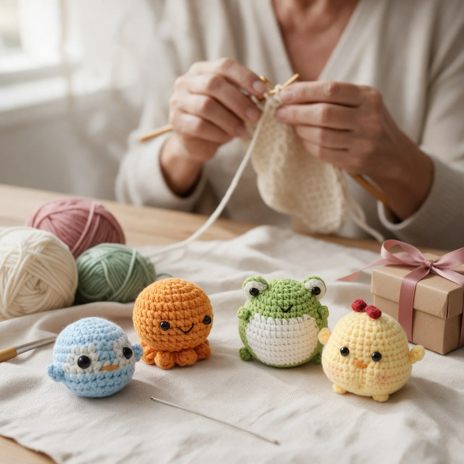 Kit 4 Amigurumis: Pinguim, Sapinho, Polvo e Pintinho